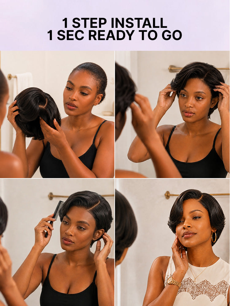 Natural black layered short pixie cut lace wig by Luvme Hair showcasing minimalist style and pre-cut HD lace for a seamless look