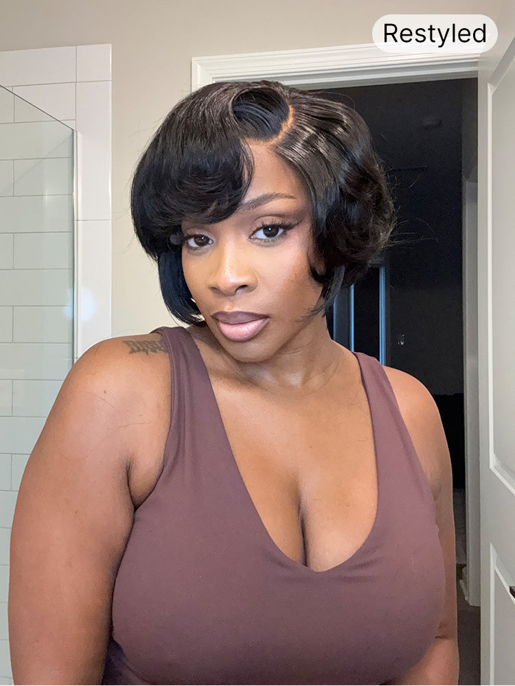 Elegant natural black layered short pixie cut wig by Luvme Hair with minimalist HD lace and pre-cut lace for a seamless fit