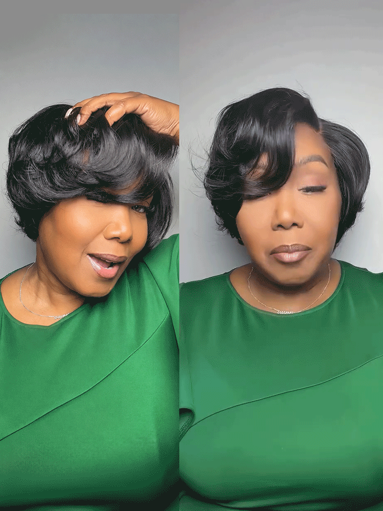 Luvme Hair natural black layered short pixie cut lace wig with minimal style and pre-cut HD lace for a sleek, modern look.