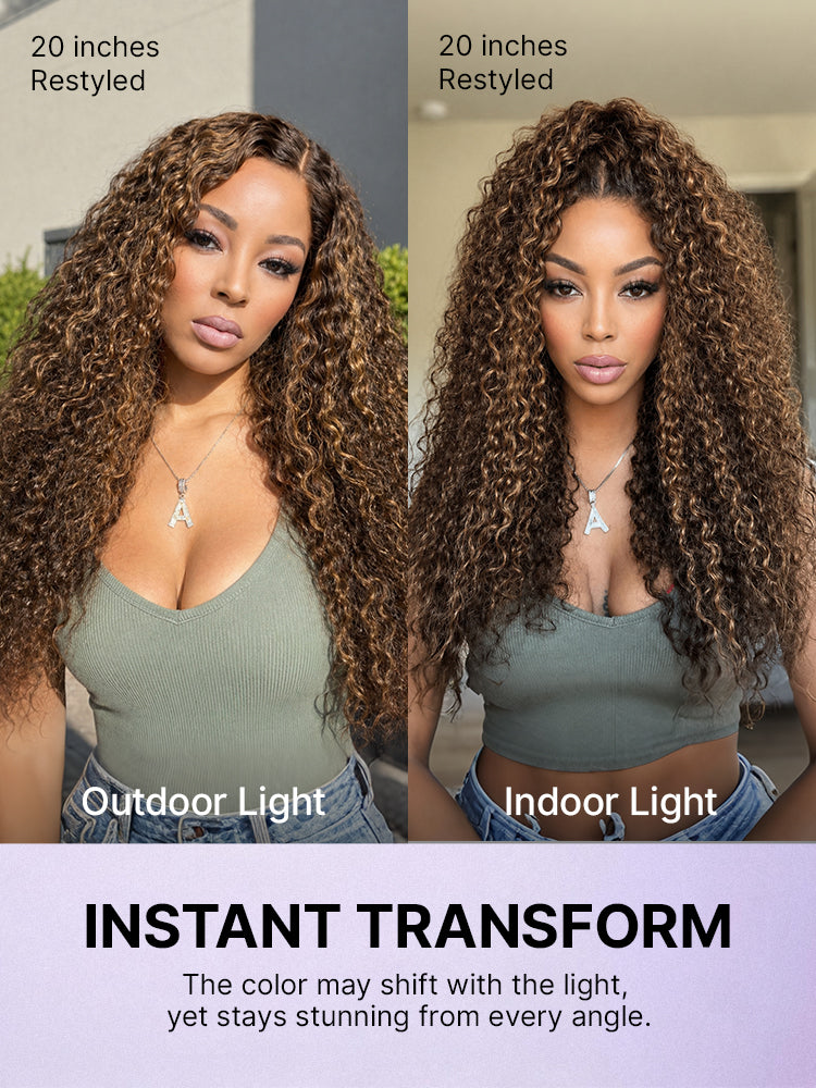 Luvme All-Day Comfort™ Curly HD lace wig with brown highlights, 7x6 closure, glueless design, pre-cut lace, natural parting.