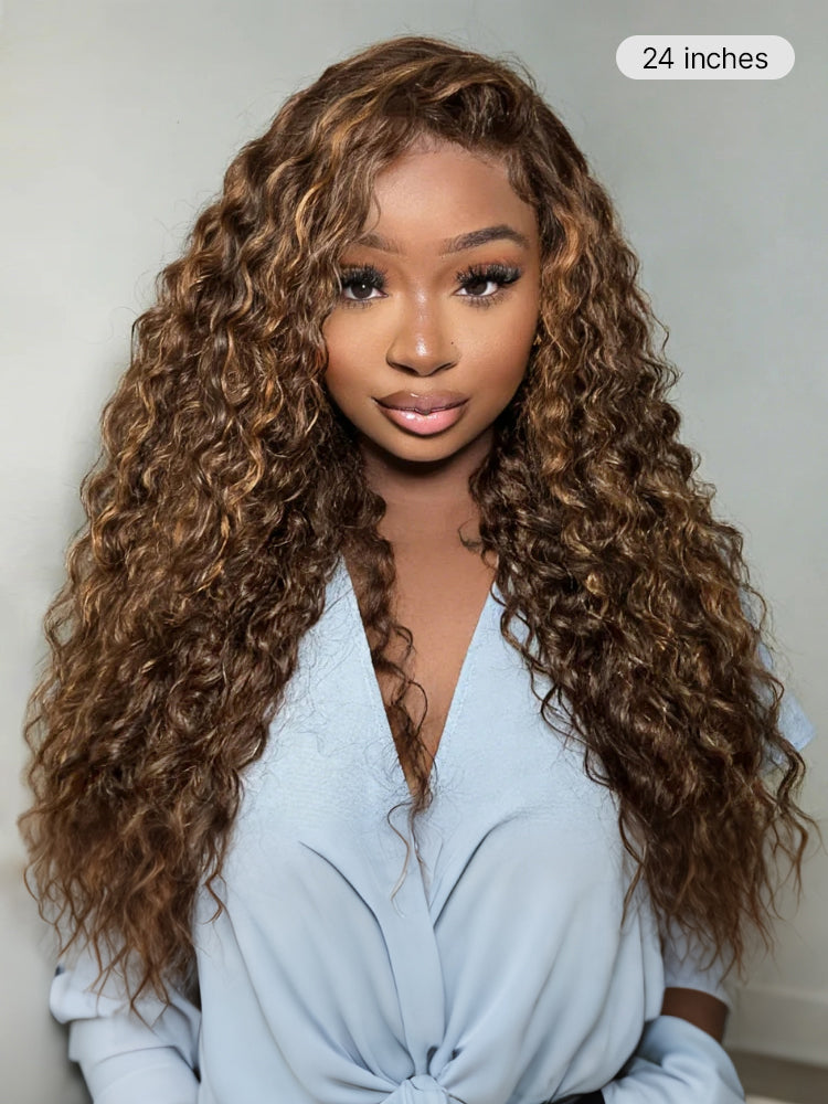 Luvme All-Day Comfort™ Funmi Curly 7x6 HD lace glueless wig with brown highlights and pre-cut lace, showcasing curly hairstyle and lace closure.