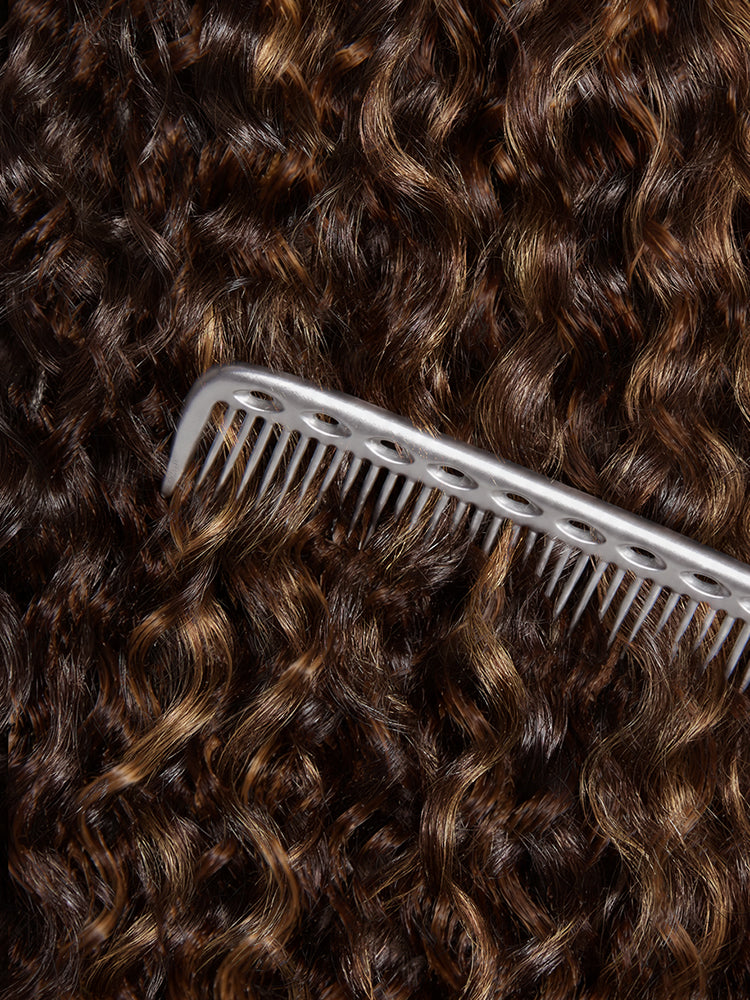 Luvme All-Day Comfort™ Funmi Curly 7x6 HD lace closure wig with brown highlights, glueless, pre-cut lace, and parting options.