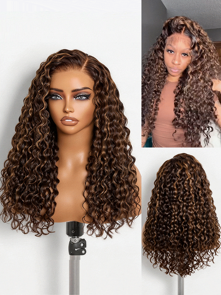Luvme All-Day Comfort™ Funmi Curly 7x6 HD lace glueless wig with brown highlights and pre-cut lace, featuring natural parting.