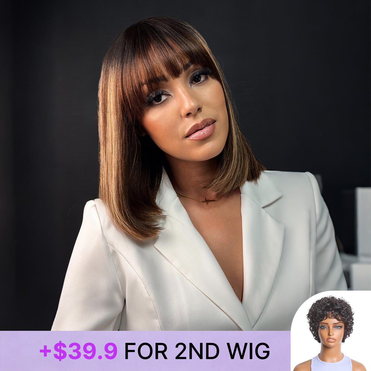 Special Add-On | Beginner Friendly Honey Blonde Highlight Yaki Blunt Cut Bob Glueless Minimalist Lace Bob Wig with Bangs-25