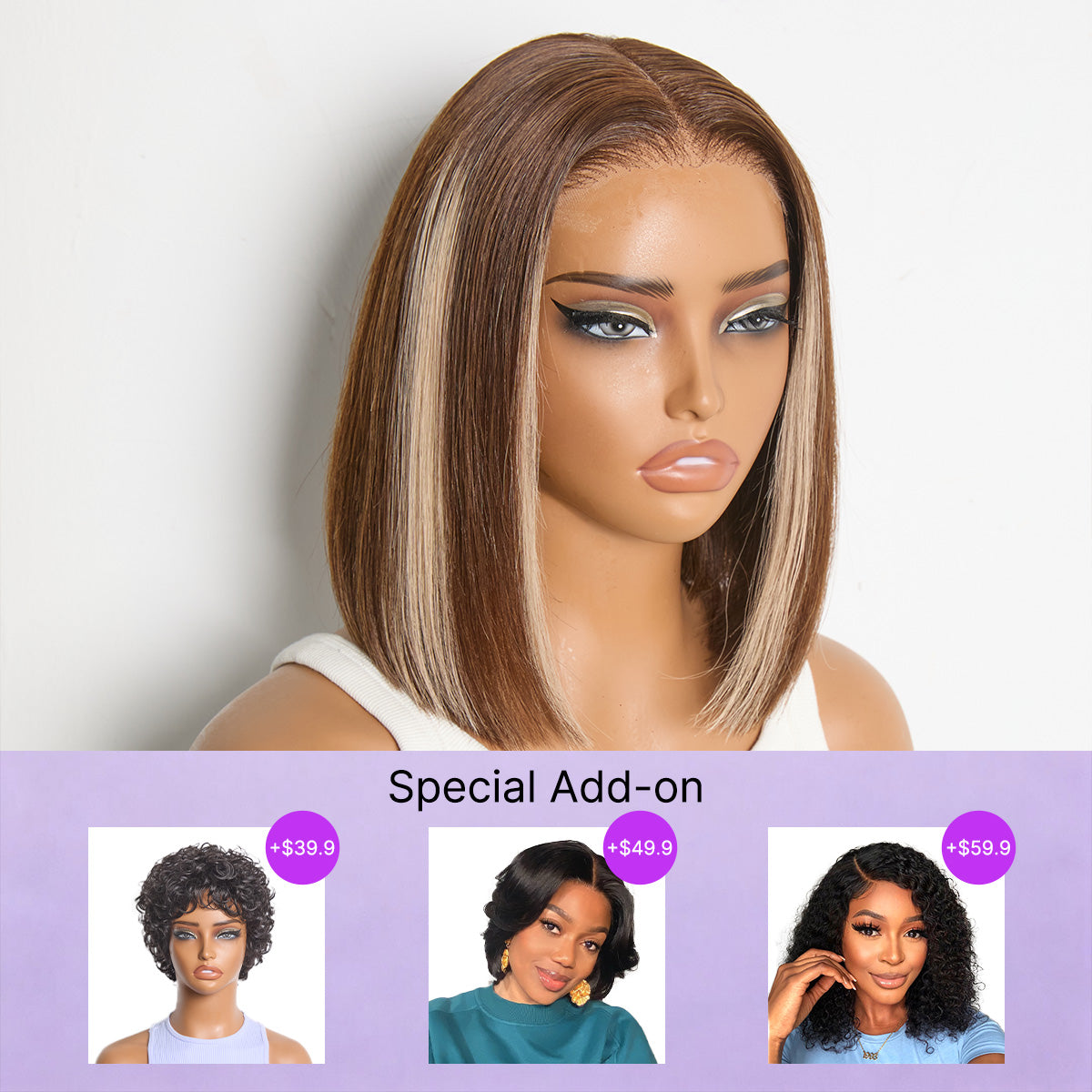 Special Add-On | Ash Blonde Highlight Glueless 5x5 HD Closure Lace Bob Wig Pre-Cut Lace Flexi-Fit Drawstring Cap-01