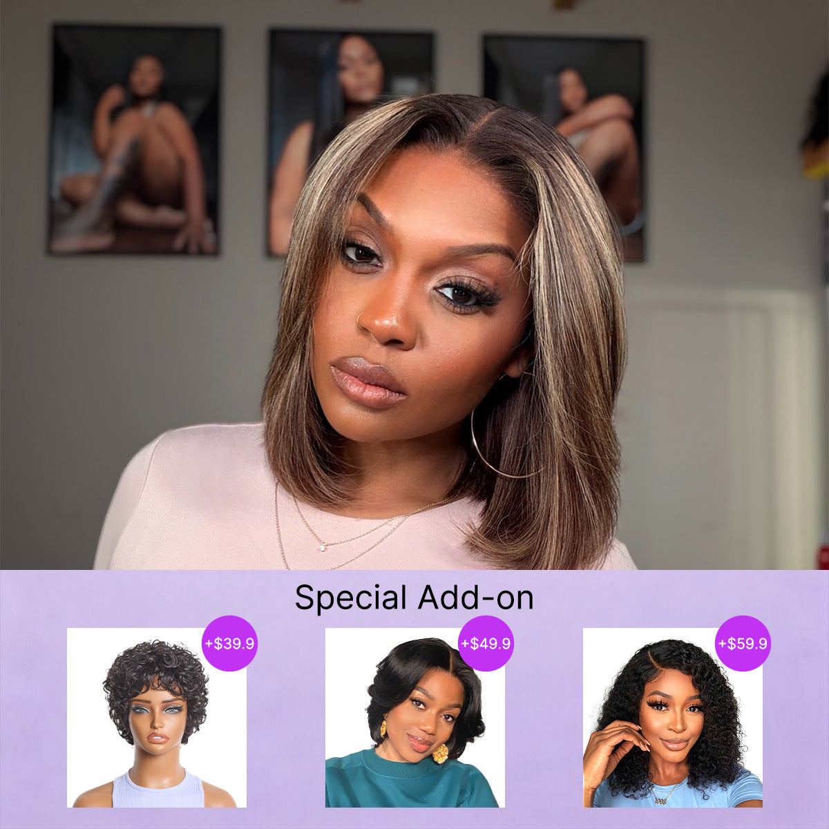 Special Add-On | Blonde Highlight / Brown Highlight Short Layered Bob Wig Glueless 5x5 Closure Pre-Cut Lace Wig-01