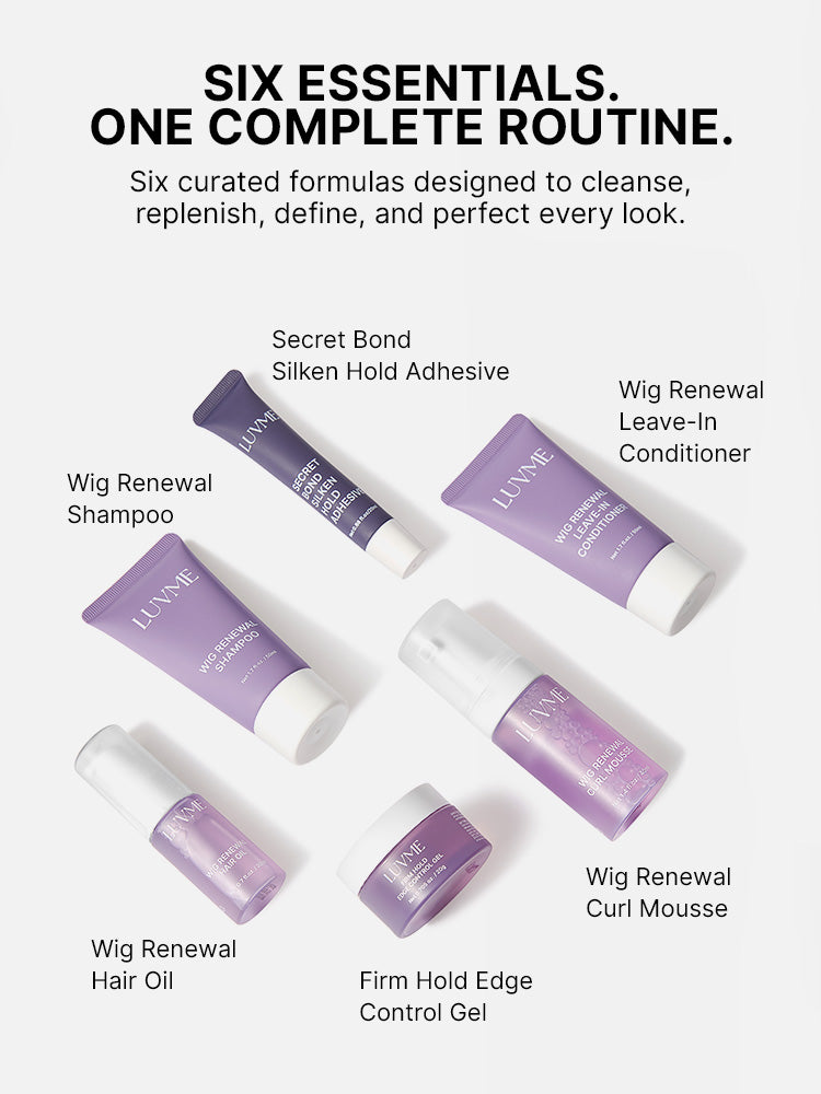 Luvme Hair wig care travel essentials 6-piece kit, including bottles and tools for maintaining and styling wigs.