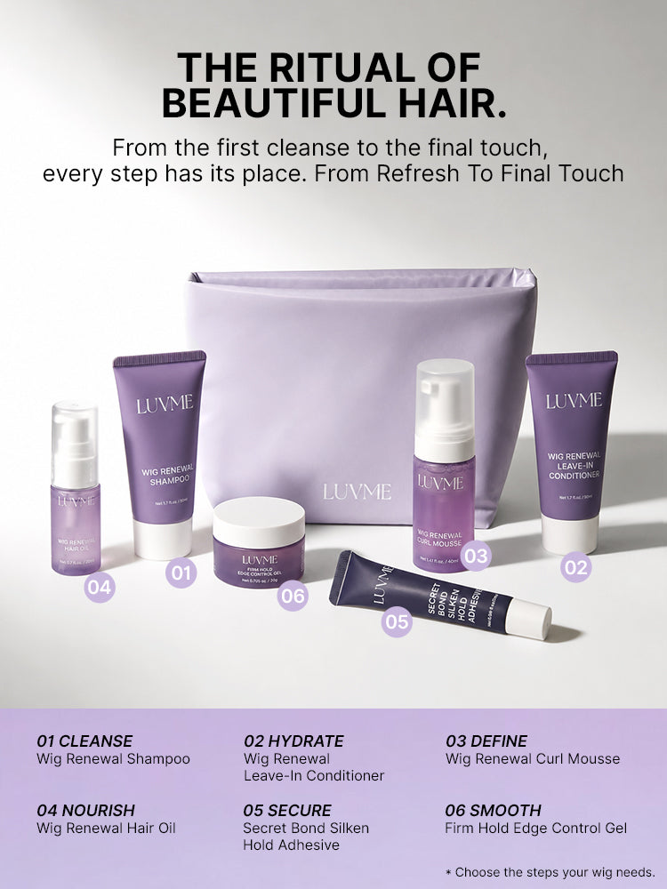 Luvme Hair wig care travel essentials 6-piece kit with bottles and accessories for wig maintenance and styling.