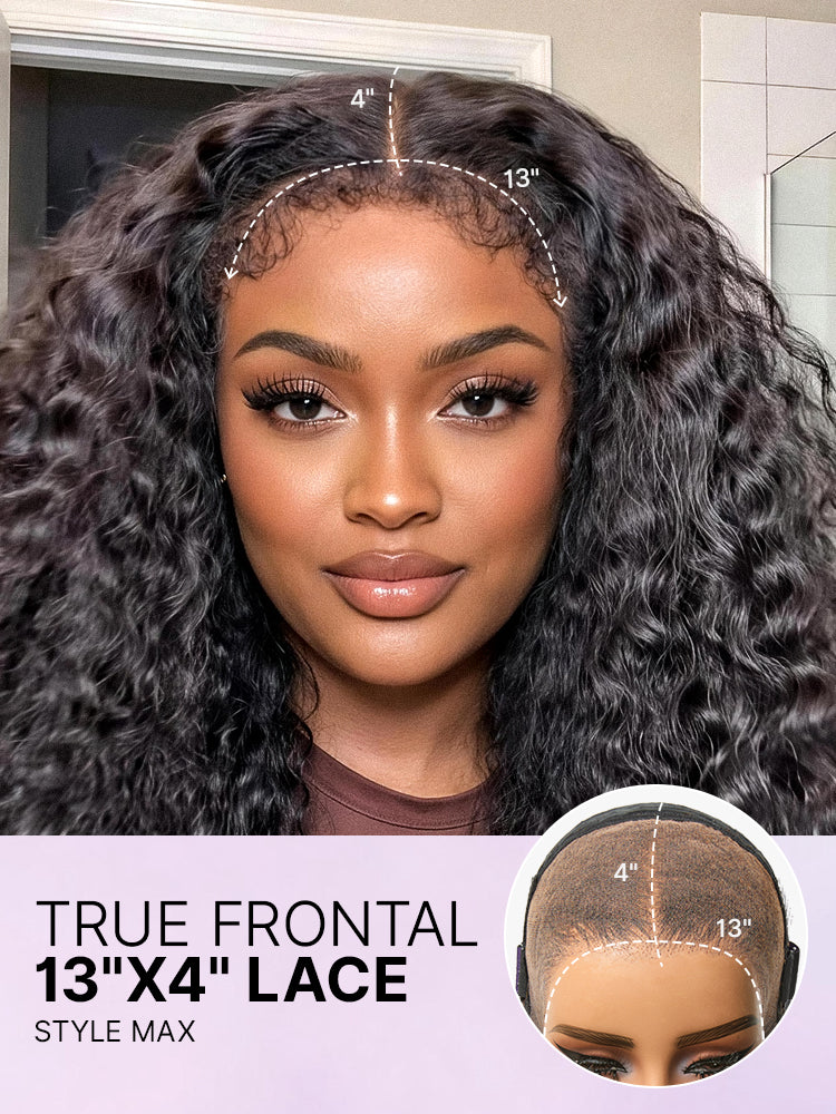 Luvme Hair PreMax 180% density water wave 4C edges 13x4 frontal lace wig with drawstring cap on a mannequin head