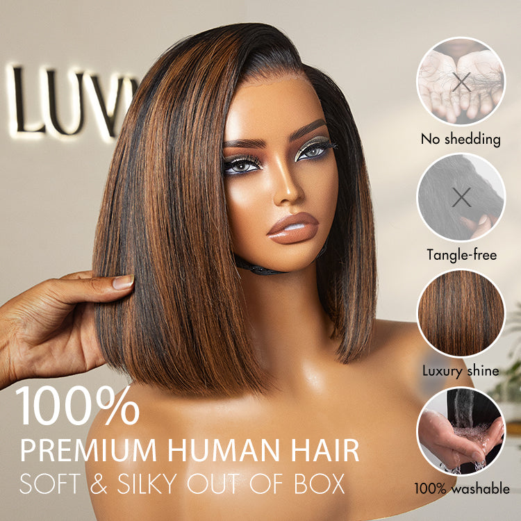 PreMax Wigs by Luvme Hair, natural black silky blunt cut short bob wig with 13x4 lace frontal, glueless human hair style.