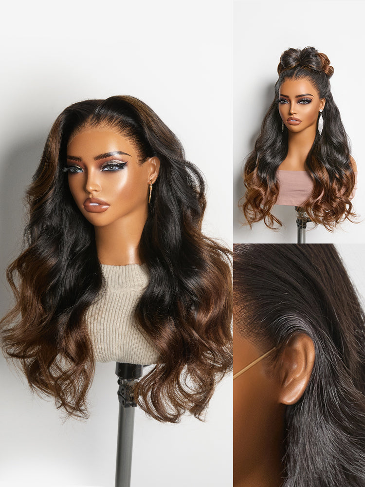 NatureMAX™ 200% Density Ombre Brown / Natural Black Loose Wave Glueless 13x6 / 13x4 HD Lace Front Wig Human Hair Pre-Cut Lace Flexi-Fit Drawstring Cap-51