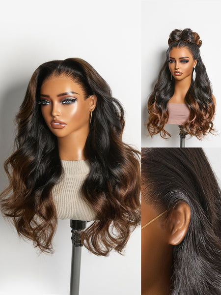 NatureMAX 200% Density Ombre Brown / Natural Black Loose Wave Glueless 13x6 / 13x4 HD Lace Front Wig Human Hair Pre-Cut Lace Flexi-Fit Drawstring Cap