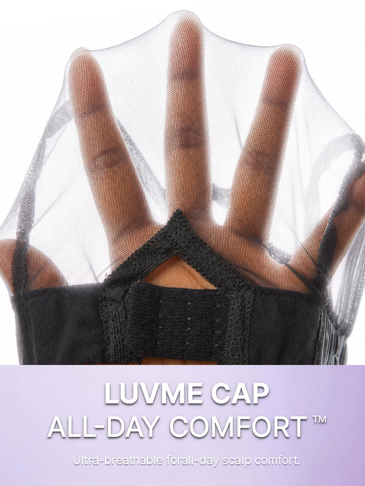 Luvme All-Day Comfort™ Funmi Curly HD lace glueless wig with brown highlights, 7x6 closure, pre-cut lace, and natural parting.