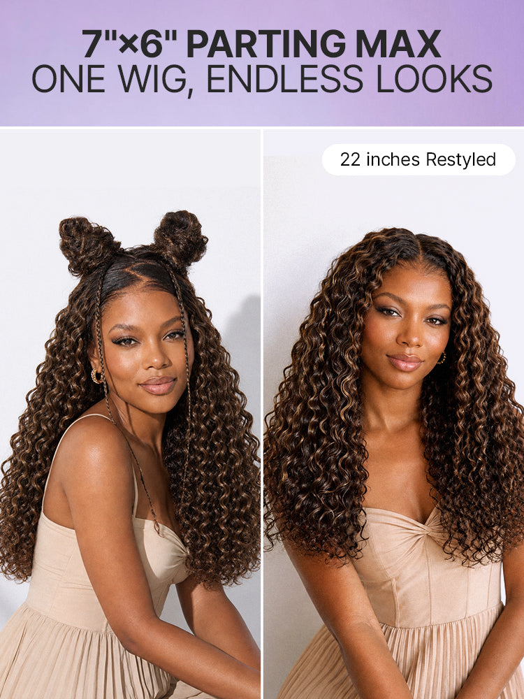 Luvme All-Day Comfort™ Funmi Curly HD lace wig in Max Brown highlights with 7x6 closure and pre-cut glueless lace, natural parting