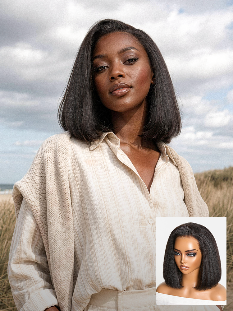 New Customers Only | 3-In-1 Half Wig 180% Density Kinky Straight Bob Glueless Flexi-Fit Drawstring Wig-01