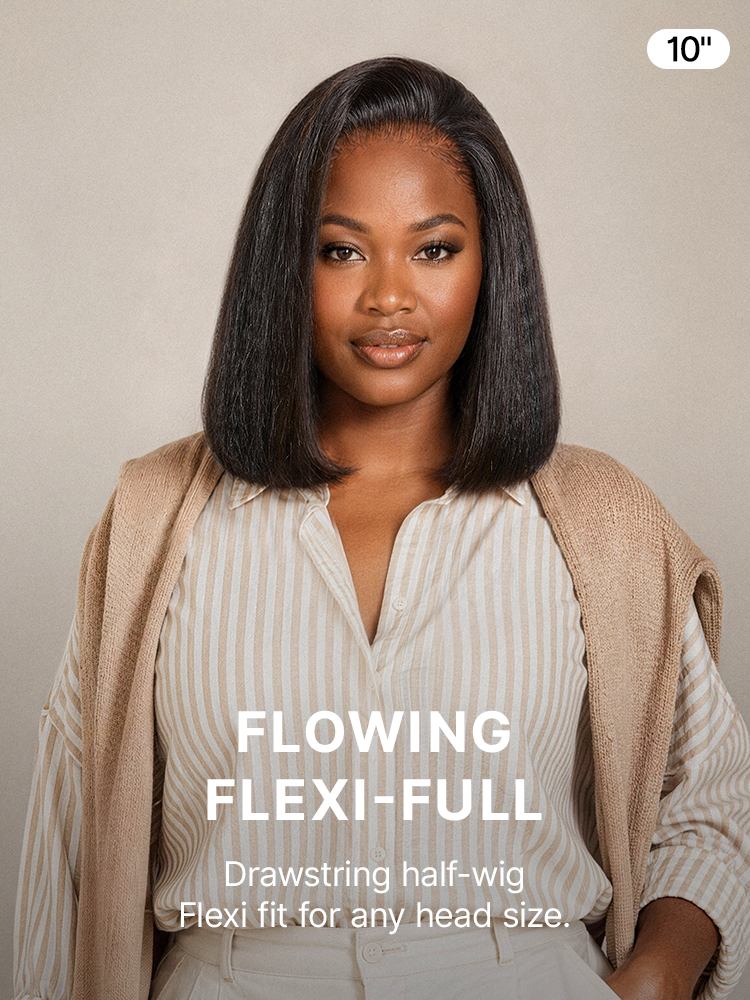 Kinky straight 3-in-1 half wig by Luvme Hair with 180% density, glueless design, flexi-fit drawstring, bob style.