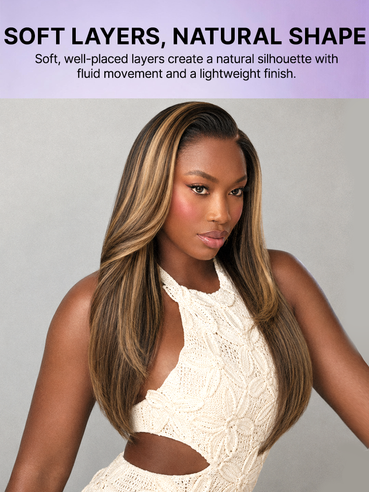 Luvme All-Day Comfort Blonde Highlight Yaki Straight Wig with butterfly cut layers, 7x6 HD lace closure, glueless style