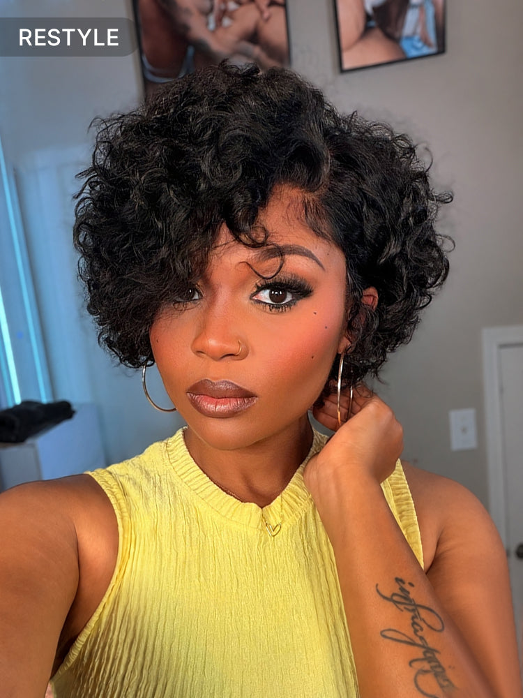 Natural Black / Brown Highlight Water Wave Pixie Cut Glueless Minimalist HD Lace Short Curly Wig-59