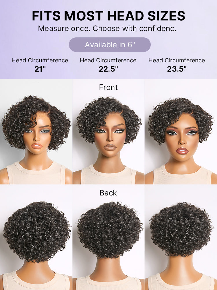 Natural Black / Brown Highlight Water Wave Pixie Cut Glueless Minimalist HD Lace Short Curly Wig-70