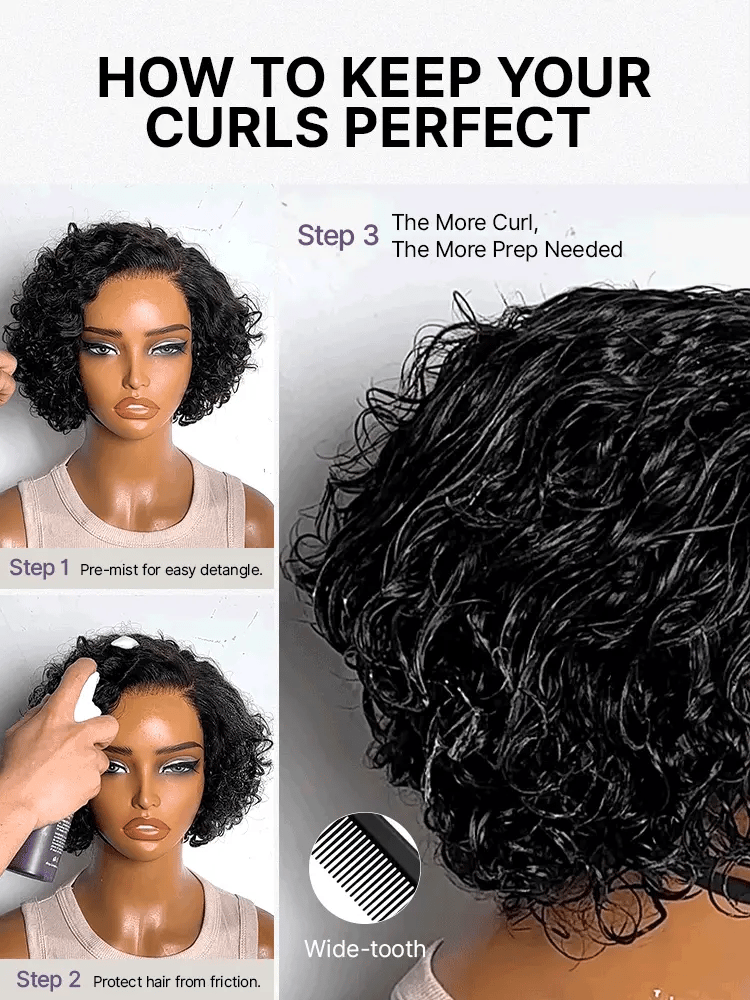 Natural Black / Brown Highlight Water Wave Pixie Cut Glueless Minimalist HD Lace Short Curly Wig-60