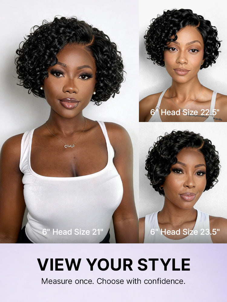 Natural Black / Brown Highlight Water Wave Pixie Cut Glueless Minimalist HD Lace Short Curly Wig-64