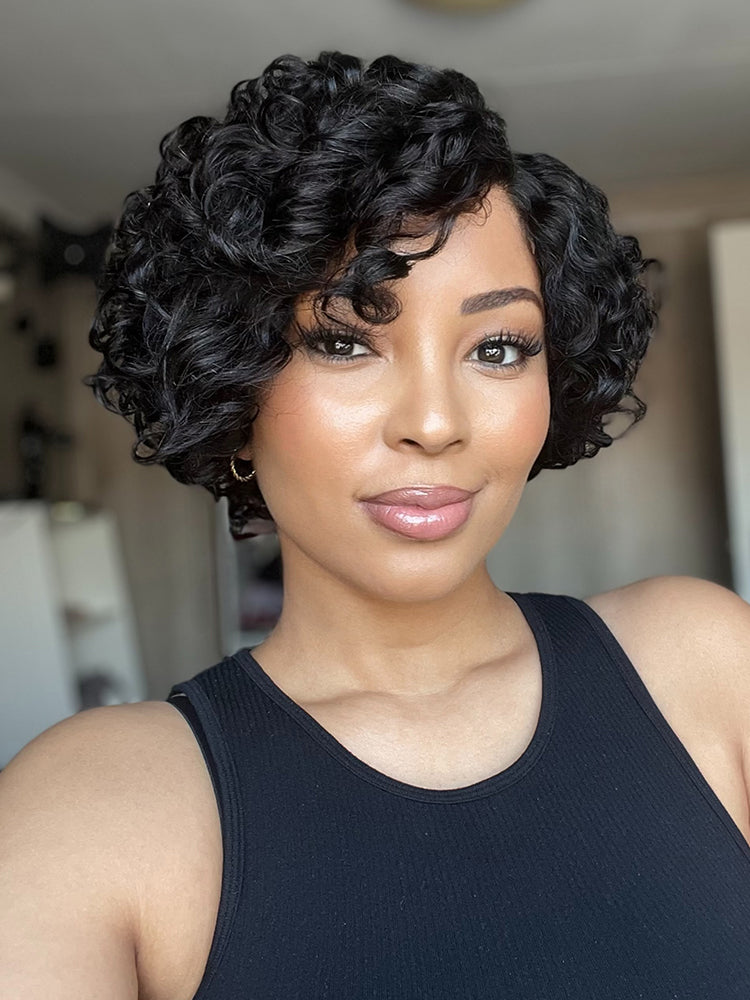 Natural Black / Brown Highlight Water Wave Pixie Cut Glueless Minimalist HD Lace Short Curly Wig-58