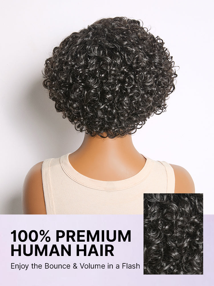 Natural Black / Brown Highlight Water Wave Pixie Cut Glueless Minimalist HD Lace Short Curly Wig-61