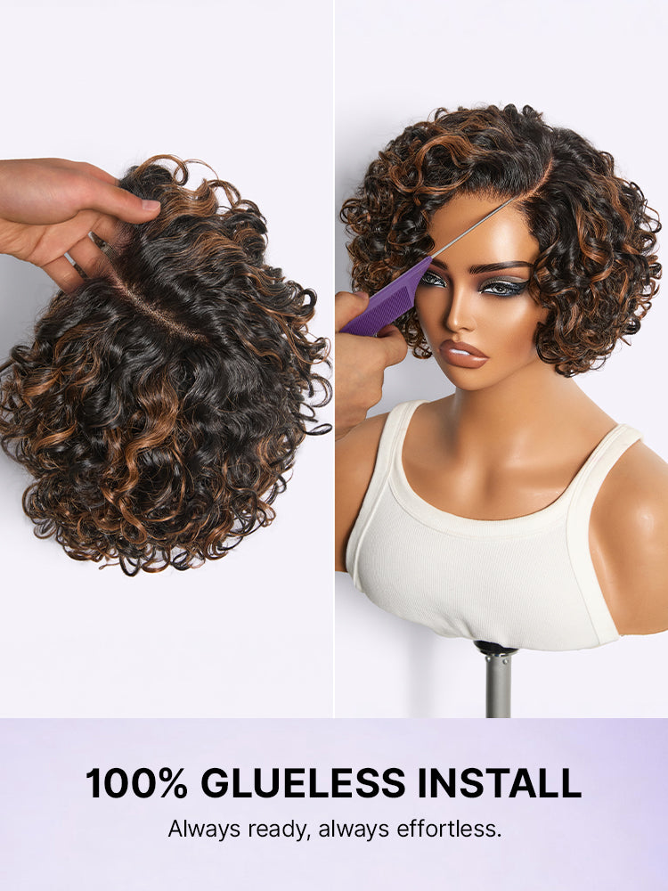 Natural Black / Brown Highlight Water Wave Pixie Cut Glueless Minimalist HD Lace Short Curly Wig-67
