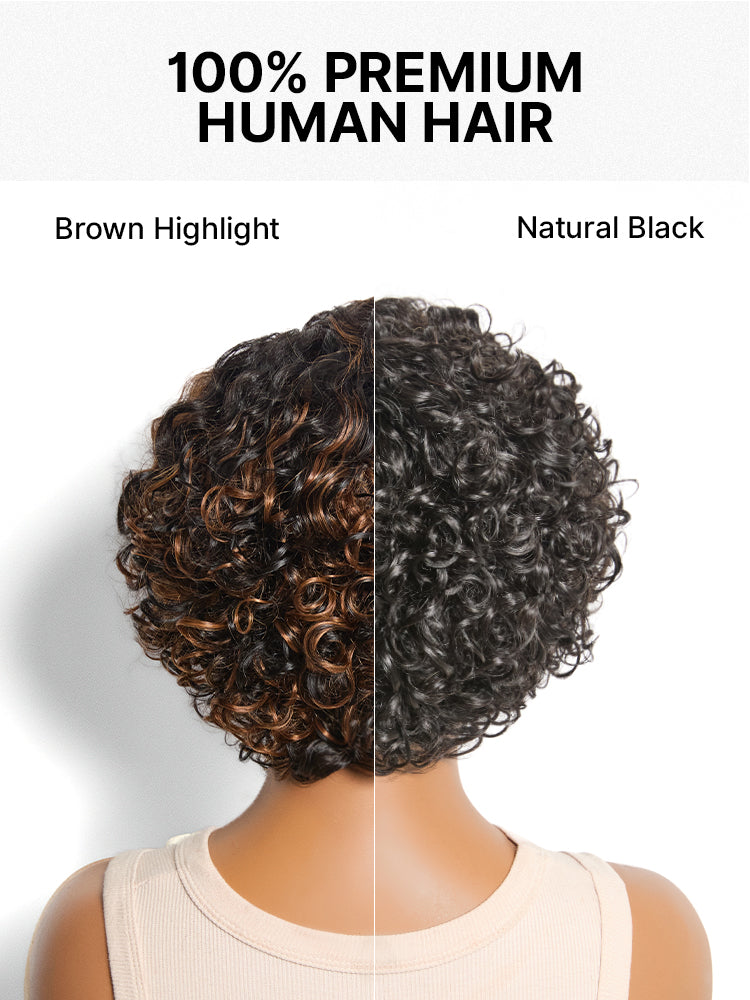 Natural Black / Brown Highlight Water Wave Pixie Cut Glueless Minimalist HD Lace Short Curly Wig-62