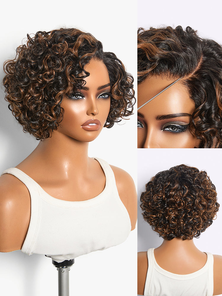 Natural Black / Brown Highlight Water Wave Pixie Cut Glueless Minimalist HD Lace Short Curly Wig-66