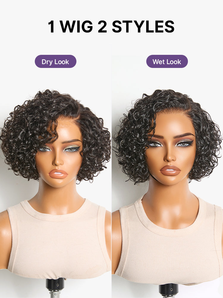 Natural Black / Brown Highlight Water Wave Pixie Cut Glueless Minimalist HD Lace Short Curly Wig-68