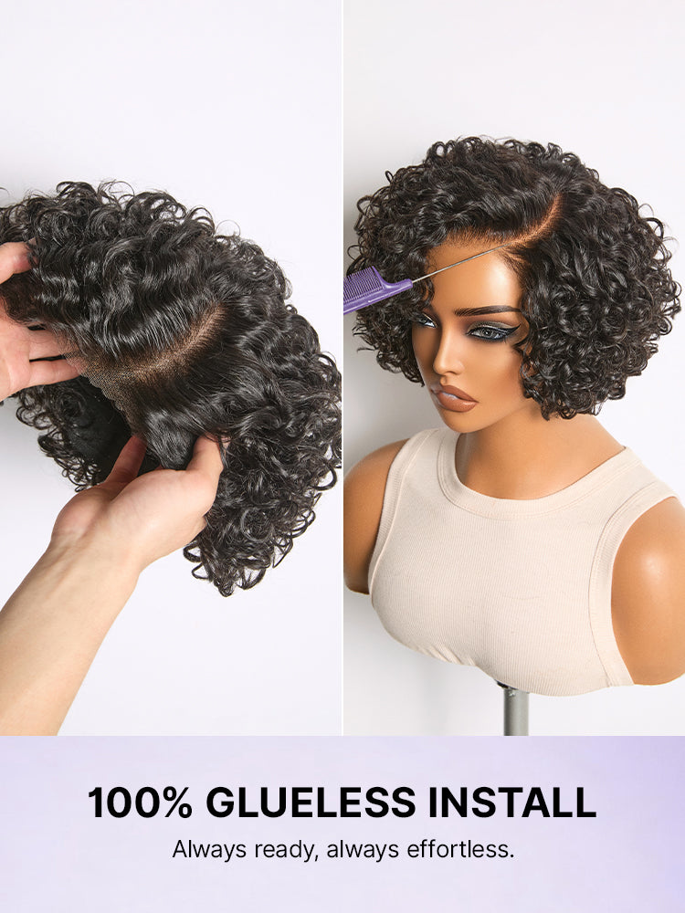 Natural Black / Brown Highlight Water Wave Pixie Cut Glueless Minimalist HD Lace Short Curly Wig-69