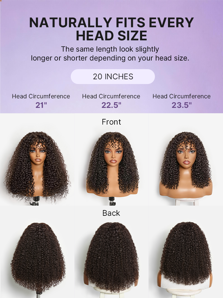Beginner Friendly 200% Density Kinky Curly with Bangs Glueless 5x5 Closure Pre-Cut Lace Wig All Head Sizes Fit Cap-20