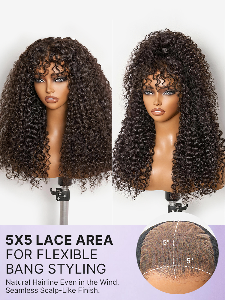 Beginner Friendly 200% Density Kinky Curly with Bangs Glueless 5x5 Closure Pre-Cut Lace Wig All Head Sizes Fit Cap-14