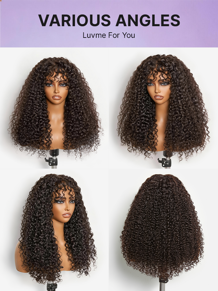 Beginner Friendly 200% Density Kinky Curly with Bangs Glueless 5x5 Closure Pre-Cut Lace Wig All Head Sizes Fit Cap-18