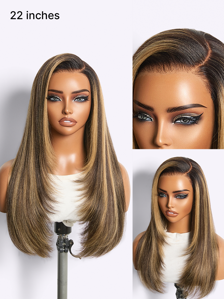 Luvme Hair all-day comfort blonde highlight layered Yaki straight wig with 7x6 HD lace closure, glueless with pre-cut lace.