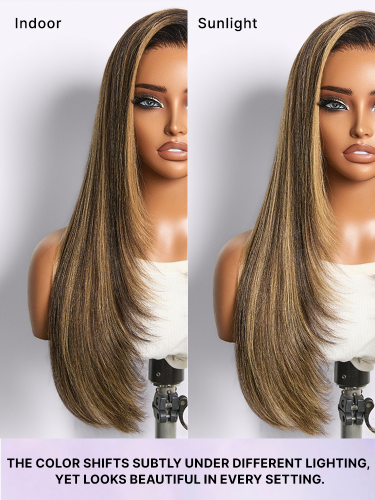 Luvme Hair blonde highlight all-day comfort wig with layered yaki straight texture, 7x6 glueless lace closure, HD lace, pre-cut.
