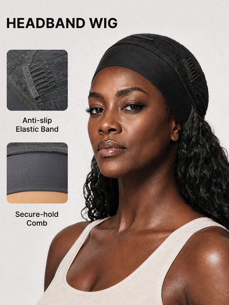 Luvme Hair water-wave headband wig with cooling silk headband, showing wet-to-dry transformation and two free headbands.