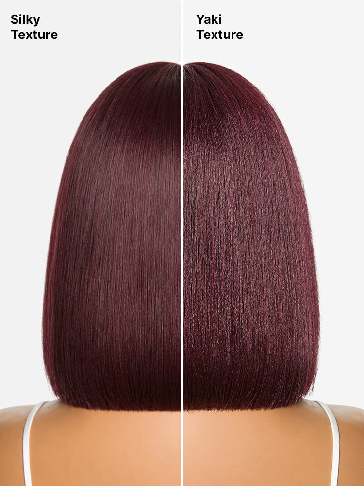 Luvme layered cut Yaki straight lace bob wig with bangs in reddish purple, featuring a minimalist design and comfortable cap.