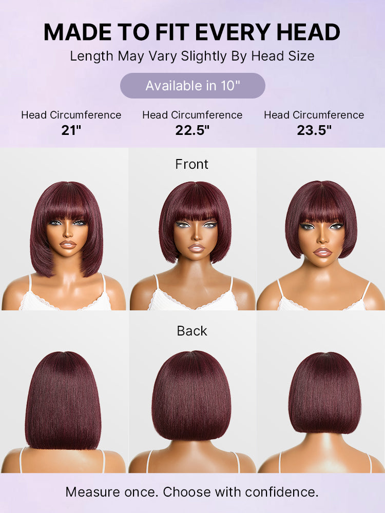 Luvme layered reddish purple Yaki straight lace bob wig with bangs, minimalist style, all-day comfort cap, suitable for everyday wear