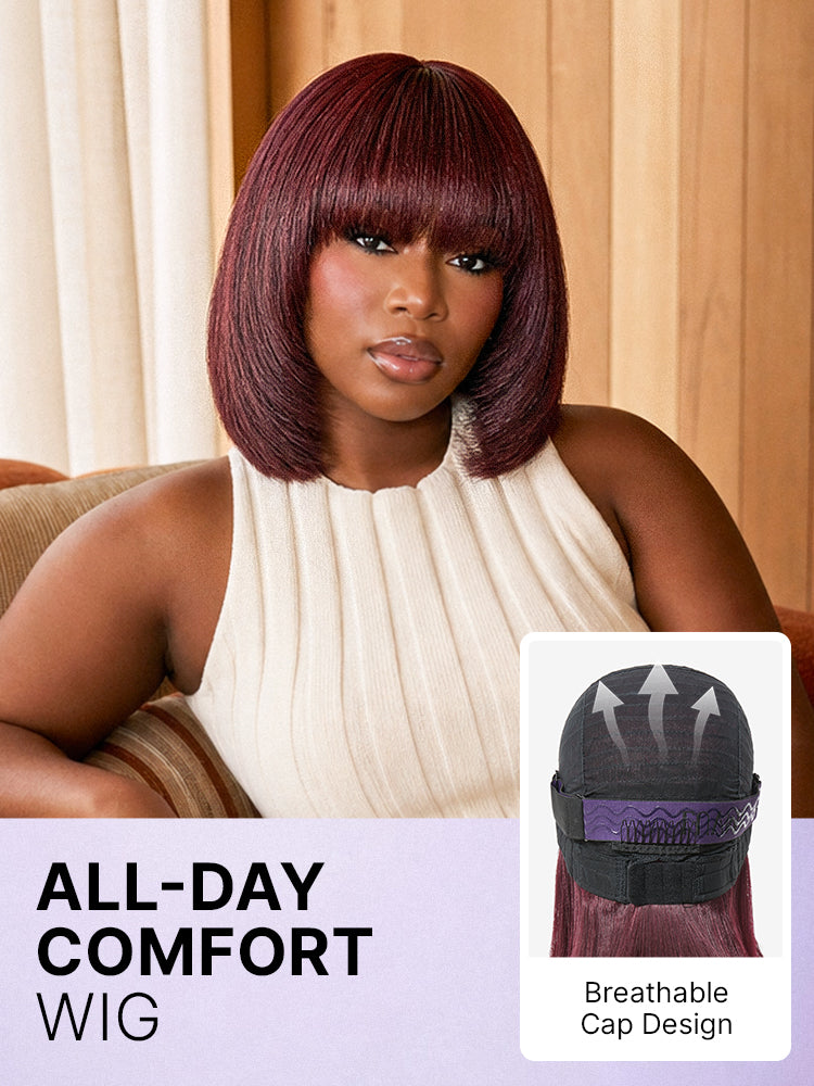 Luvme layered reddish purple Yaki straight lace bob wig with bangs, minimalist style, and comfortable cap for all-day wear