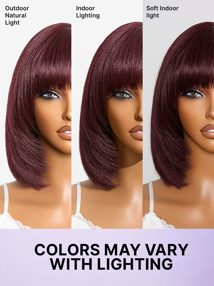 Reddish purple layered straight lace bob wig with bangs by Luvme, featuring a minimalist design and comfortable all-day cap.