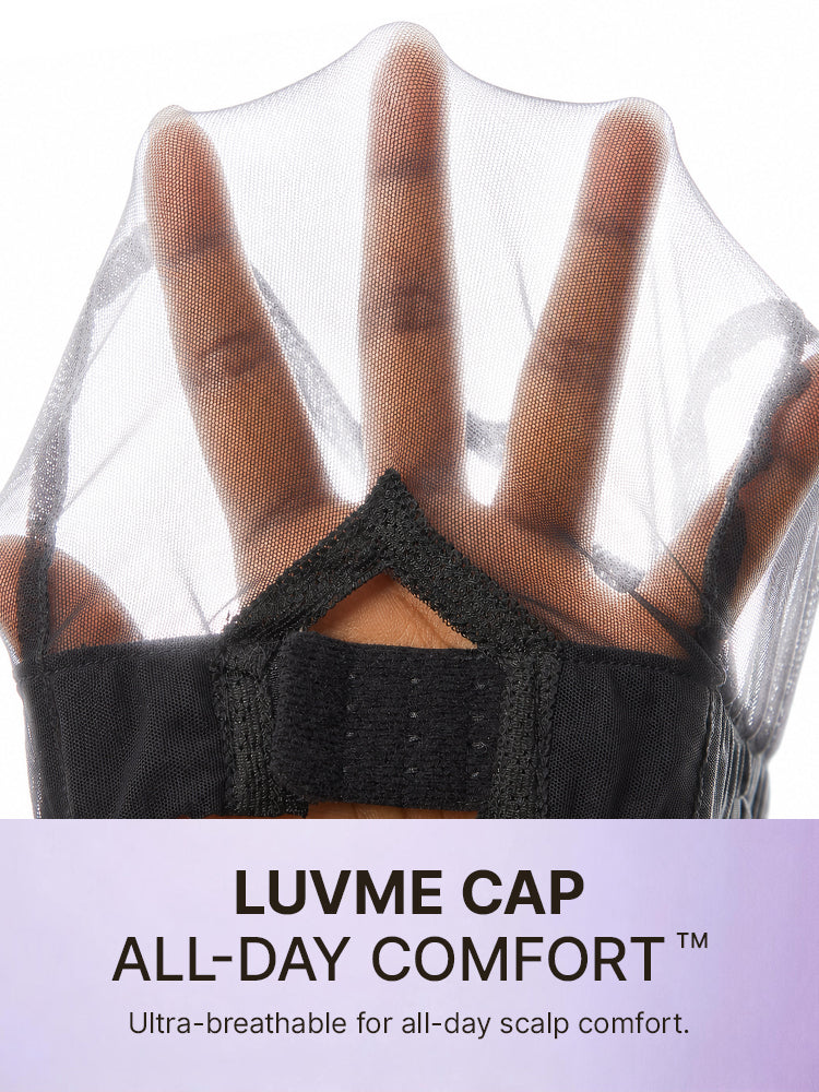 Luvme layered reddish purple Yaki straight lace bob wig with bangs, minimalist design and all-day comfort cap.
