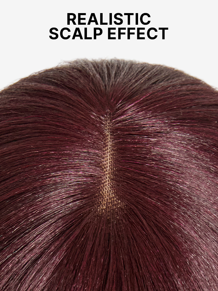 Luvme layered reddish purple Yaki straight lace bob wig with bangs, minimalist style and comfort cap for all-day wear.