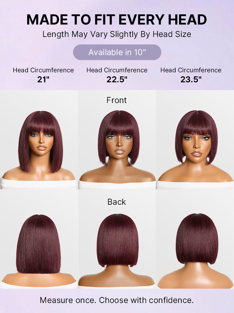 Luvme reddish purple realistic glueless lace bob wig with bangs, straight Yaki style, minimal cap, all-day comfort.