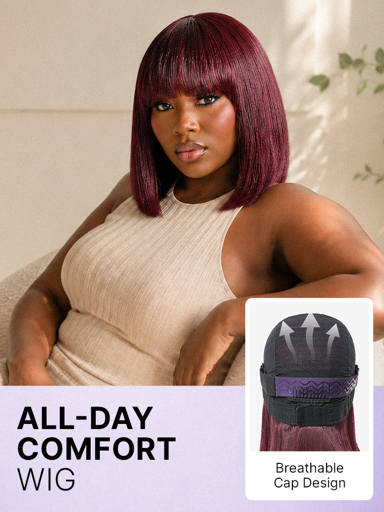 Luvme reddish purple realistic glueless Yaki straight bob lace wig with bangs, minimalist design and all-day comfort cap
