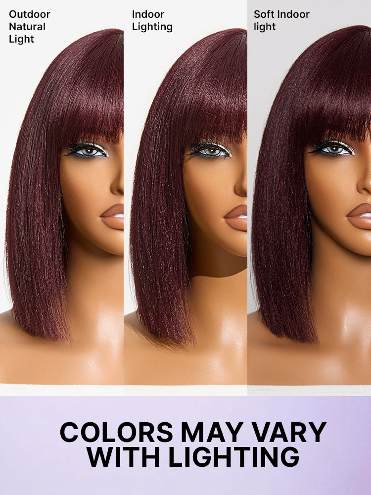 Luvme reddish purple realistic glueless Yaki straight bob wig with bangs, minimalist lace cap, designed for all-day comfort.