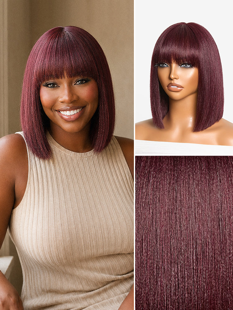 New Customers Only | Reddish Purple Realistic Glueless Yaki Straight Bob with Bangs Minimalist Lace Bob Wig All-Day Comfort Cap-01