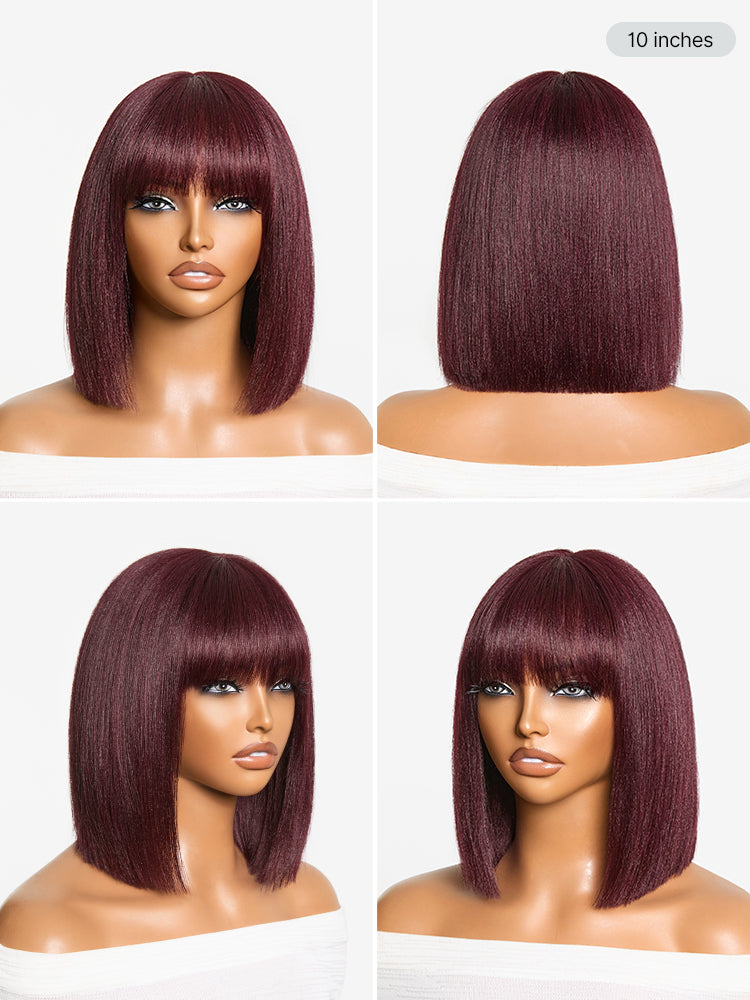 New Customers Only | Reddish Purple Realistic Glueless Yaki Straight Bob with Bangs Minimalist Lace Bob Wig All-Day Comfort Cap-09