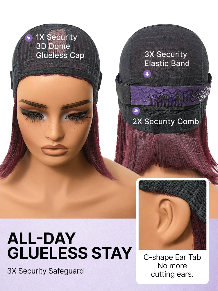 New Customers Only | Reddish Purple Realistic Glueless Yaki Straight Bob with Bangs Minimalist Lace Bob Wig All-Day Comfort Cap-10